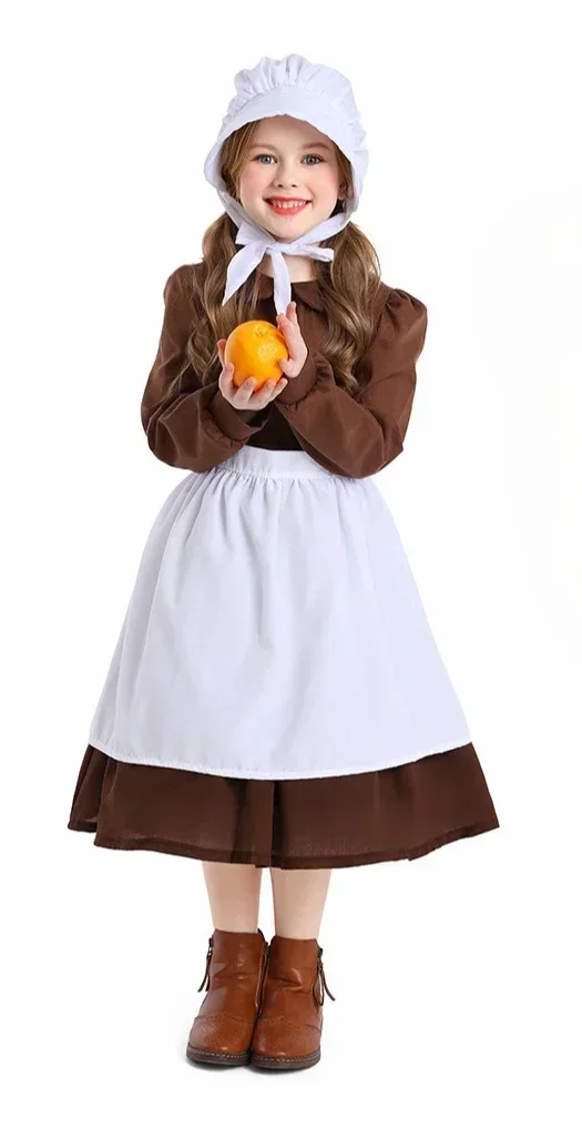Village Farm Pioneer Prairie Kids Poor Clothes Cosplay Costumes Cinderella Maid Dress image 6