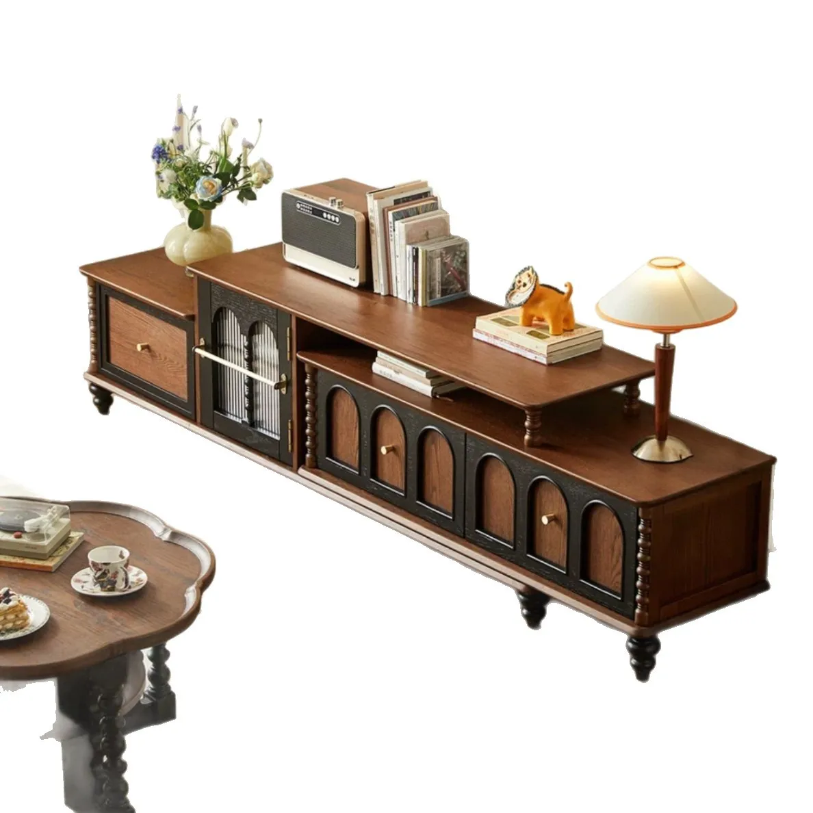 

Medieval solid wood TV cabinet, living room household French retro small apartment storage storage retractable floor TV cabinet
