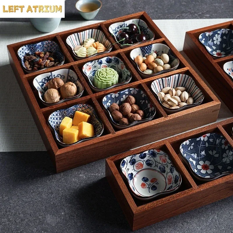 Furnace Brewed Tea Chinese Tea Point Plate Wooden Tray Multi-grid Dried Fruit Plate Snack Solid Wood Grid Fruit Plate