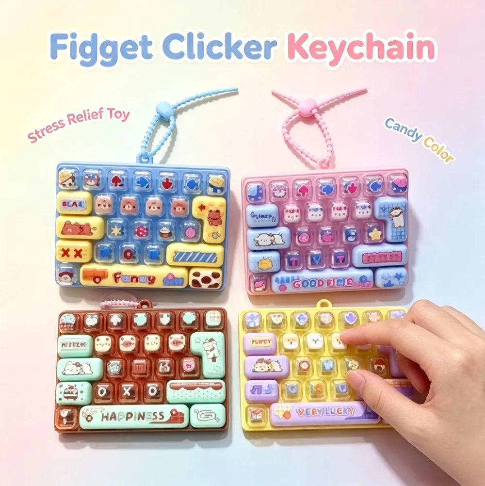 Candy Color Fidget Keycap Clicker Keychain Cute 26 Keys Stress Relief Keyboard Toy Bag Pendant Cartoon Fidget Key Ring view 2
