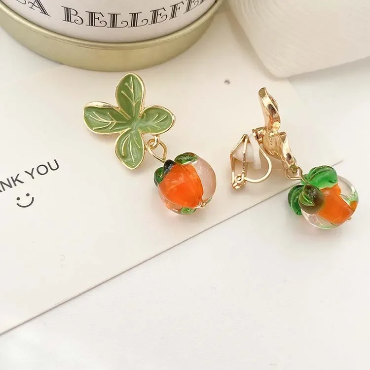 Creative Persimmon Orange Color Flower Leaf Earrings for Women Painting Oil Glazed Glass Cherry Clip on Earrings No Piercing