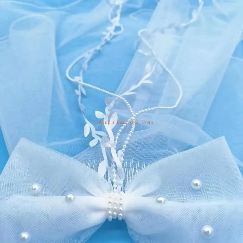 N0HE حجاب ذو طبقات من الدانتيل حجاب طويل للعروس مع فيونكة شفافة لحفلات الزفاف من التول الأبيض #4