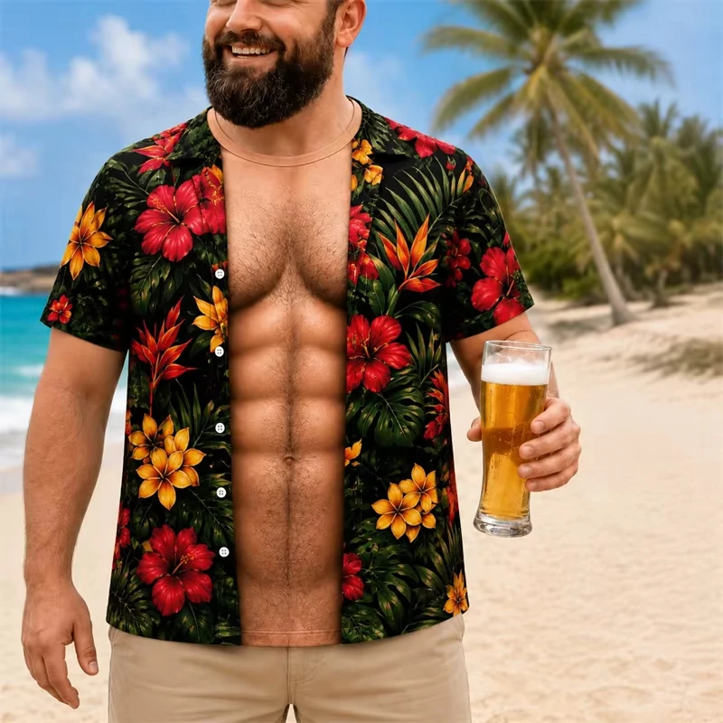 Men Funny Muscle Illusion T-Shirt, 3D Print Fake Open Hawaiian Tee, Too Hot To Handle Summer Holiday Casual Gift