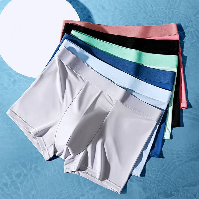 Shorts de quatro cantos respirável masculino confortável, cuecas de seda gelo meados ascensão, boxer de canto plano