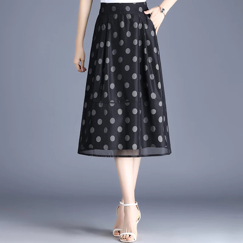 

Faionable Polka Dot Euro Organza A-Line Midi Skirt Women's Spring Summer New Sle High Waist f Body Skirt Printed Skirt