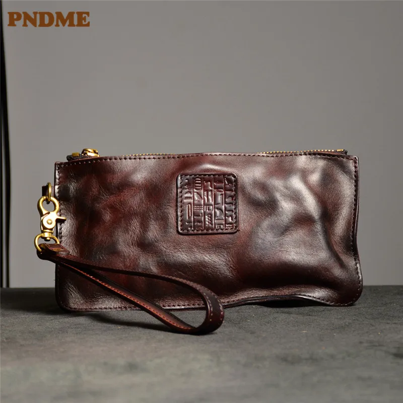 PNDME vintage high quality genuine leather men\'s clutch bag outdoor casual luxury natural real cowhide party thin phone wallet