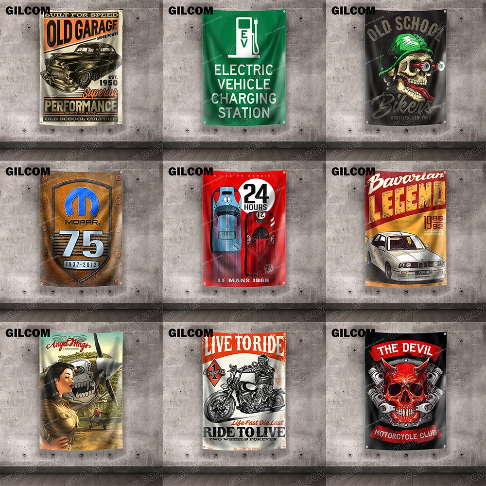 Garage Flags Motor Oil Auto Parts Motorbikes Vintage Poster For Tool Shop Repair Shop Plaque Decoration Brass Grommet Banner