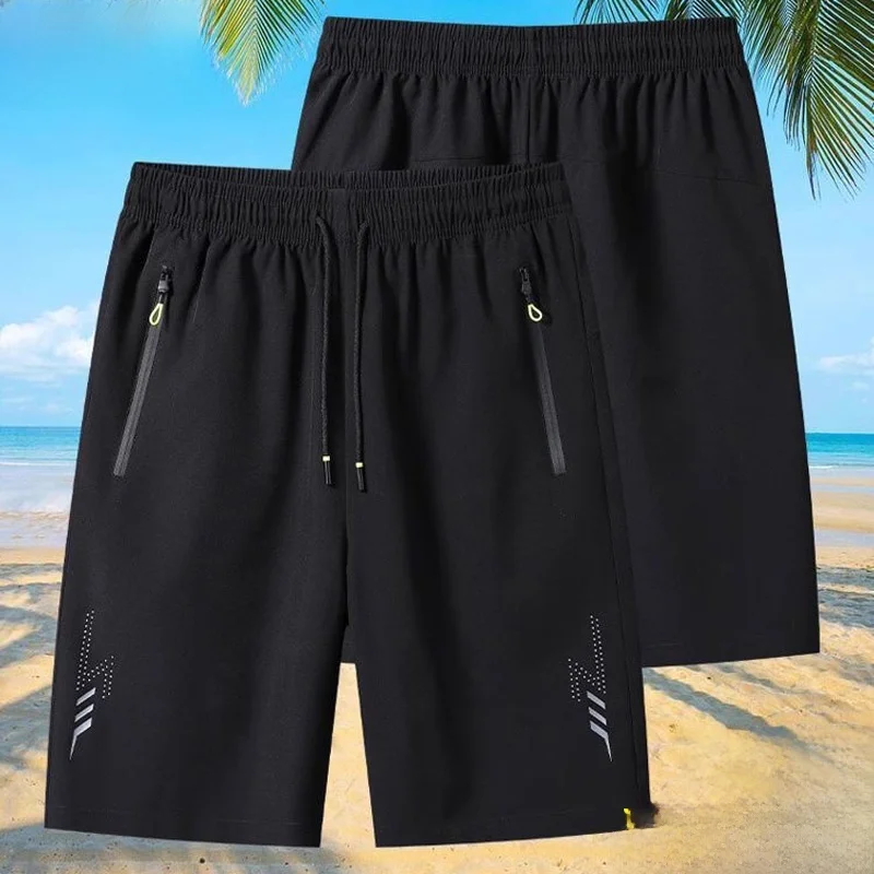 

Мужские летние повседневные брюки из ледяного шелка, тонкие пляжные брюки с пятью точками, свободные прямые брюки большого размера, длина до середины икры