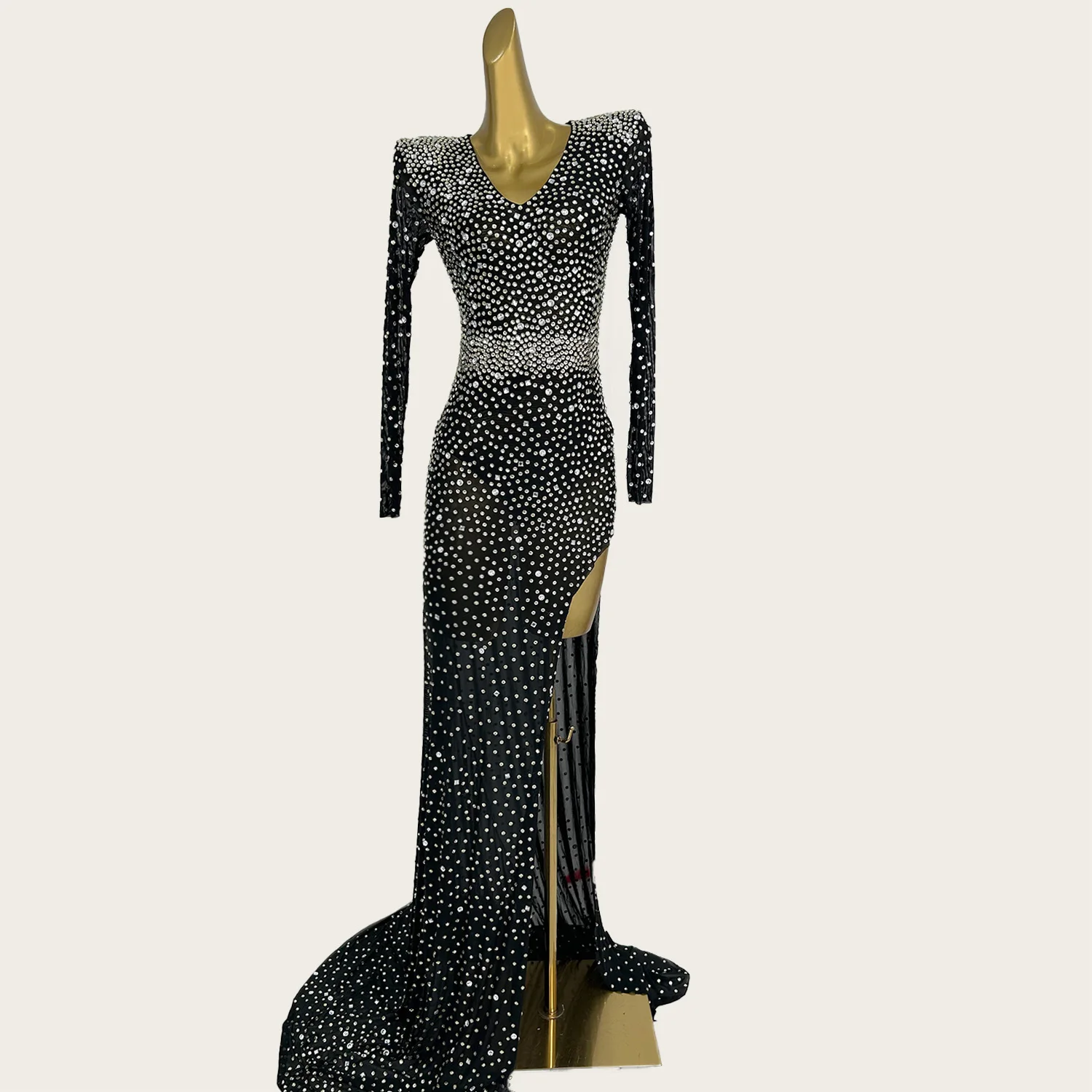 فستان أسود طويل من حجر الراين اللامع بقماش شفاف وفتحات جانبية عالية للحفلات الراقصة والسجادة الحمراء ثوب مسائي رسمي لحفلات أعياد الميلاد Heihai #3