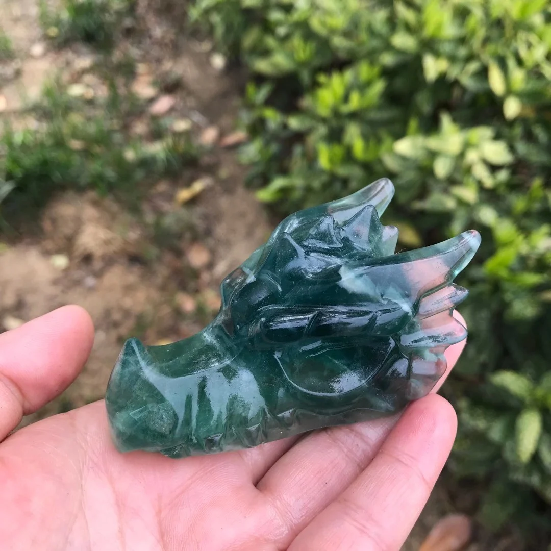 

75-80MM Natural Green Fluorite Hand Carved Dragon Head Skull Quartz Crystal Healing Reiki Carving Gift Home Decoration