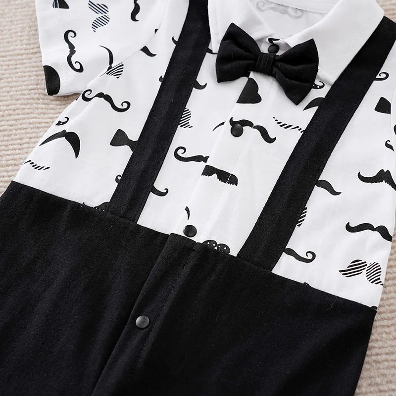 Boys Cartoon Printed Clothes Short Sleeve Bow Tie Romper  Moustache Cotton Baby Gentleman Newborn Toddler Baby Jumpsuit Print