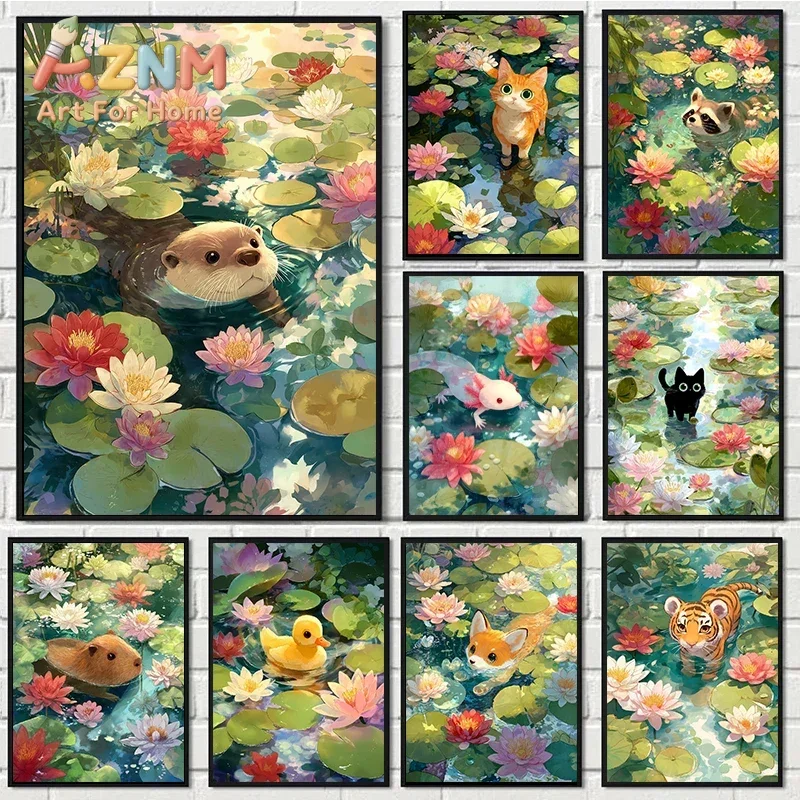 Cute Animals in Lily Pond Poster Otter Axolotl Cat Cub Prints Canvas Painting Wall Art Pictures for Living Room Home Decor