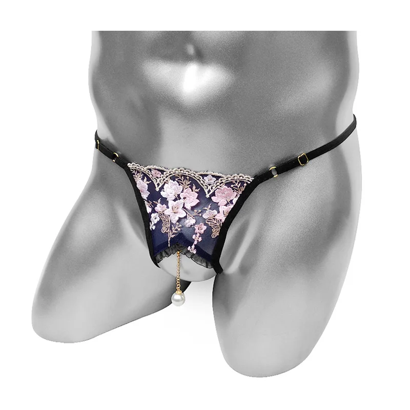 

Mens Lingerie Pearl Pendant T-back Underwear Floral Lace G-string Bikini Embroidery Erotic Apparel Crotchless Thongs Briefs