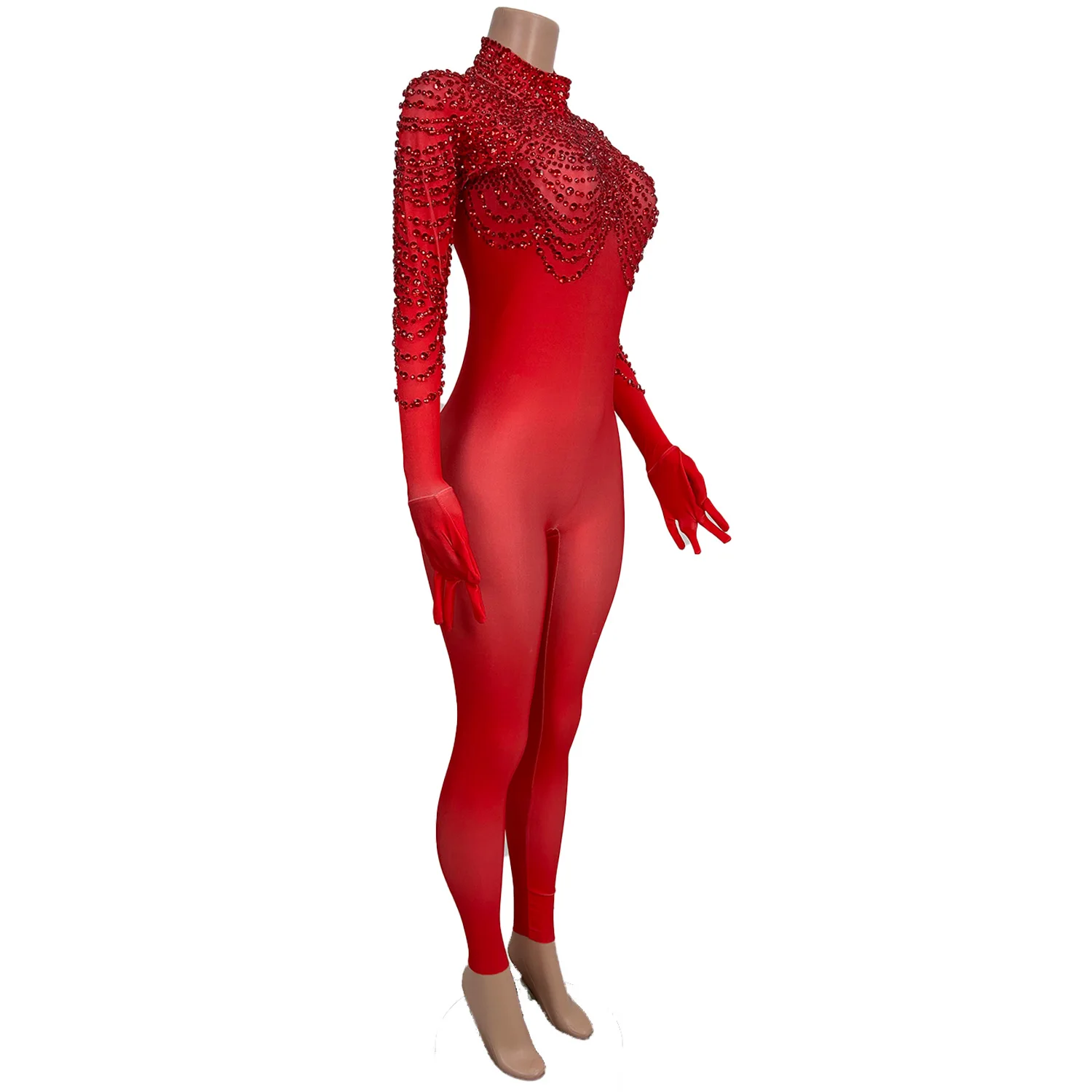 High Elasticity Large Sized Women Jumpsuit Shiny Red Shawl Rhinestone Tight Pants with Glove Acrobatic Pole Dance Costume pijian