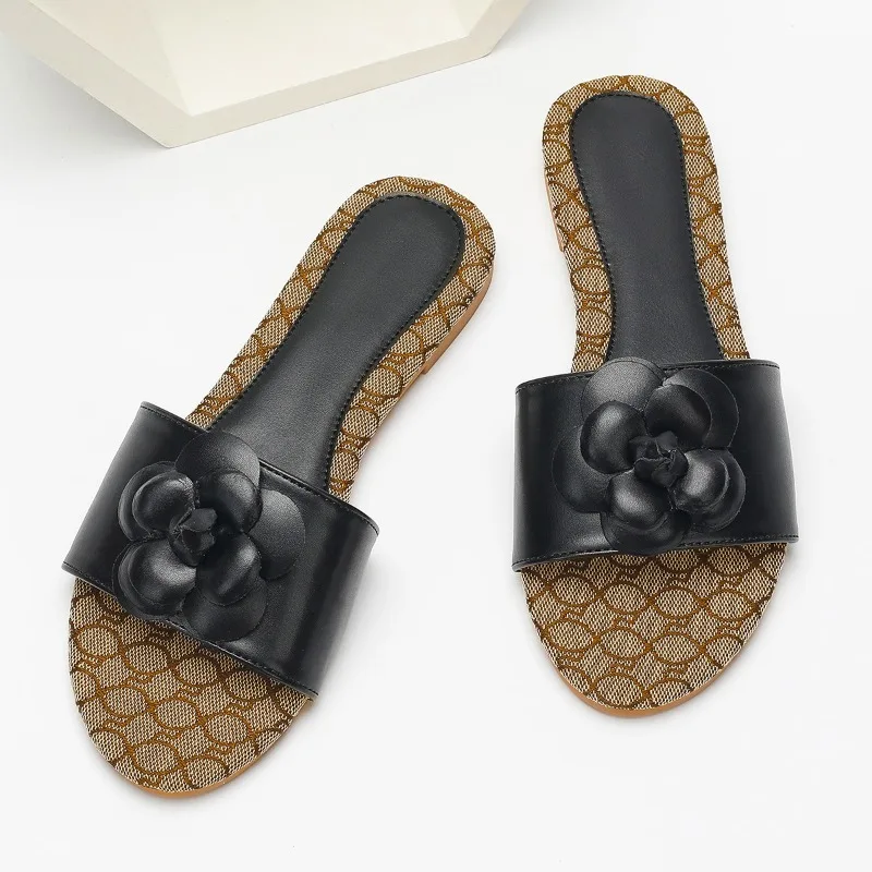 أنيقة الأسود كاميليا الديكور النعال المسطحة المرأة الصيف المفتوحة تو الشرائح الصنادل مريحة خفيفة عدم الانزلاق حذاء كاجوال #2