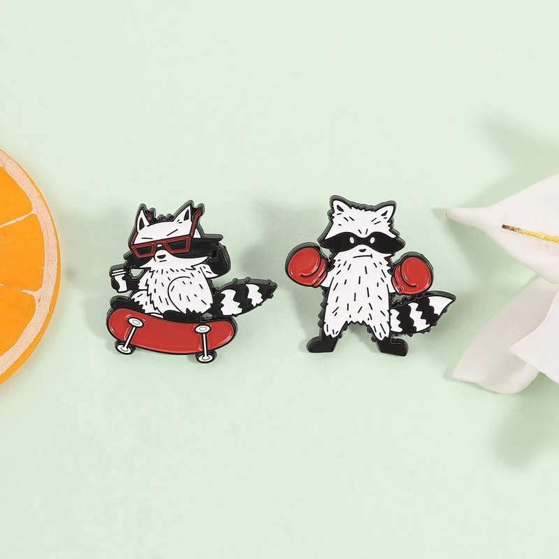Cool Raccoon Enamel Pin Skateboard And Boxing Gloves Brooch Cute Animal Lapel Badge Accessories Encouraged Gift For Friends