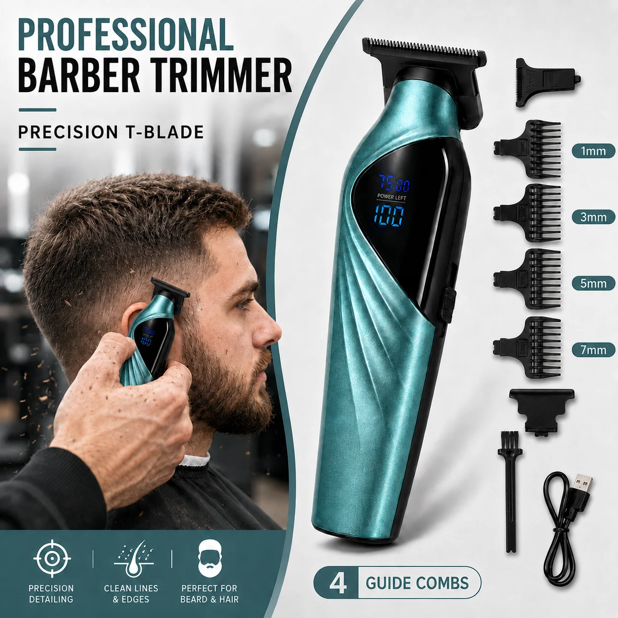 High-End Electric Hair Clipper for Men, with a Luxurious Electroplated Shell, High-Definition Digital Display Screen, Four Interchangeable Guide Combs, Type-C Charging Cable, Cleaning Brush for Blades, Durable and Sharp Blade, Multifunctional Hair Grooming Tool for Home Self-Haircut, Men's Contour Shaping, and Edge Trimming