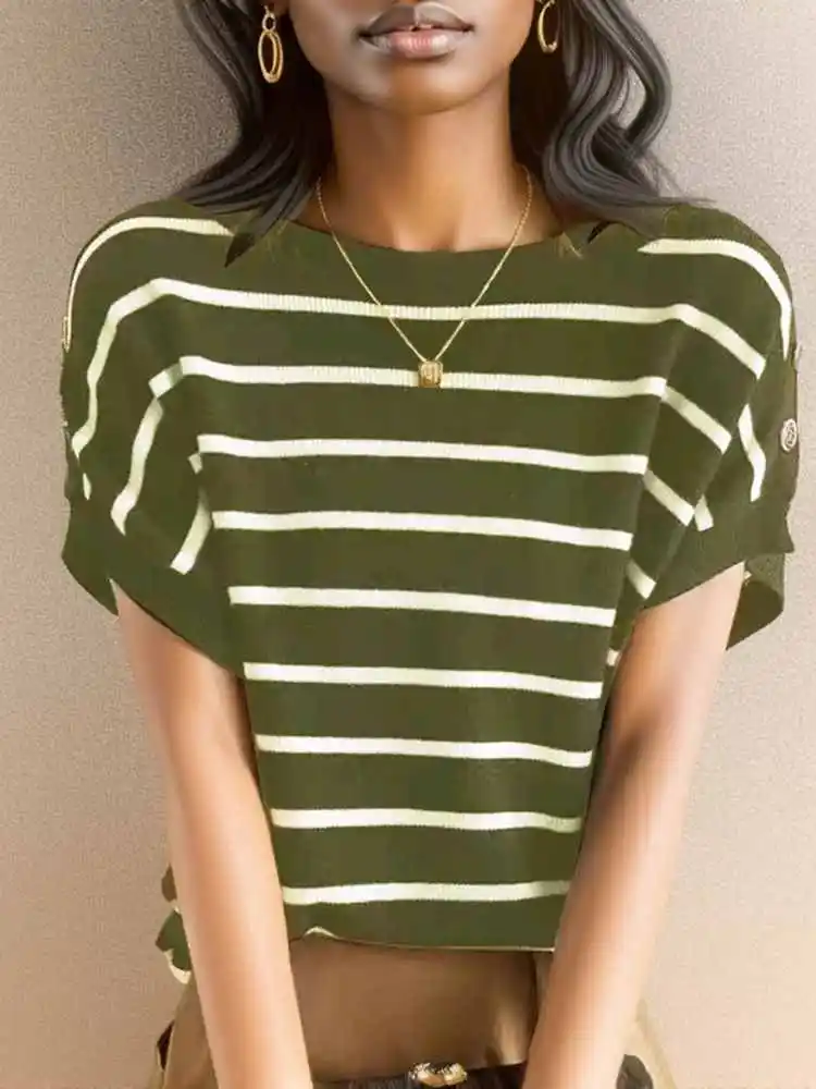 ZANZEA Women Striped T Shirt 2024 Summer Korean Drop Shoulder Sleeve Blouse Vintage Round Neck Tunic Casual Loose Tops Oversized