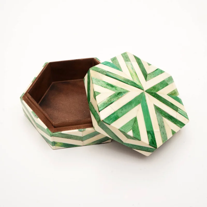 

Zigzag Pattern Hexagon Bone & MDF Box –Modern Decorative Storage Solution-6.5X6.5X3