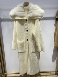 Abrigo grueso de punto de piel de zorro Real para mujer, suéter largo de 110cm de longitud, decoración de moda, Otoño e Invierno