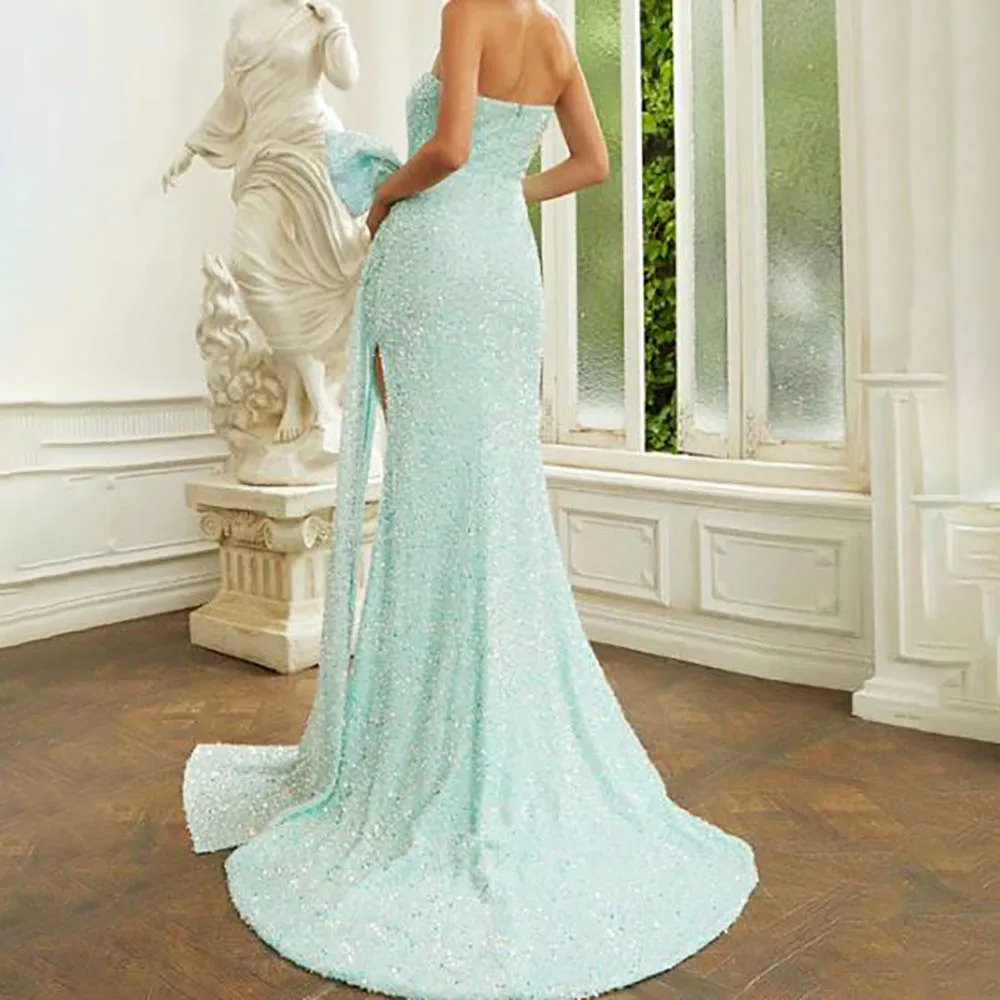 Satin Strapless Sleeveless Mermaid Evening Party Dress Sequins Bow Side Slit Open Back Full Length Sweep Train