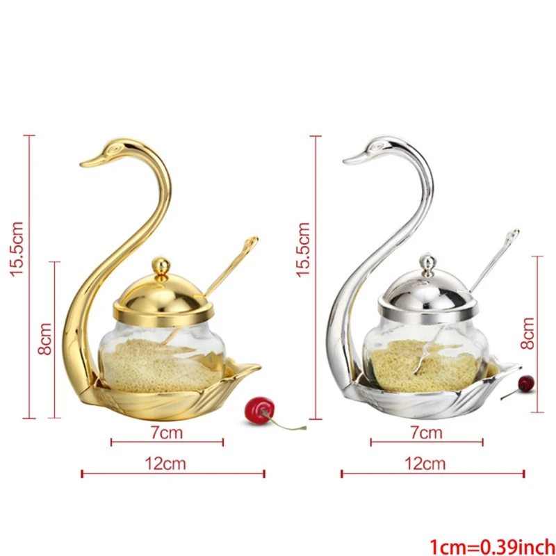 2024 New alloy Condiment Pot Seasoning Container Spice Glass Jar Salt Sugar Bowl Pepper Coffee Storage Organizer Swan Rack Set