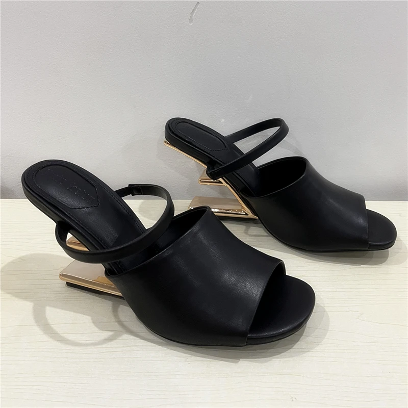 Black Letter Strange Heel Women Slippers Sexy Peep Toe Gladiator Sandals Dress Pumps Summer Outside Mules High Heel Wedge Shoes