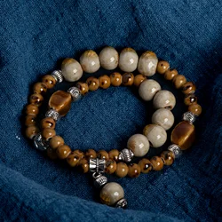 Double-Layer Crackle Ceramic Bracelet Handmade Elastic Jewelry in Purple and Yellow Beads Vintage Jewelry gifts regalo