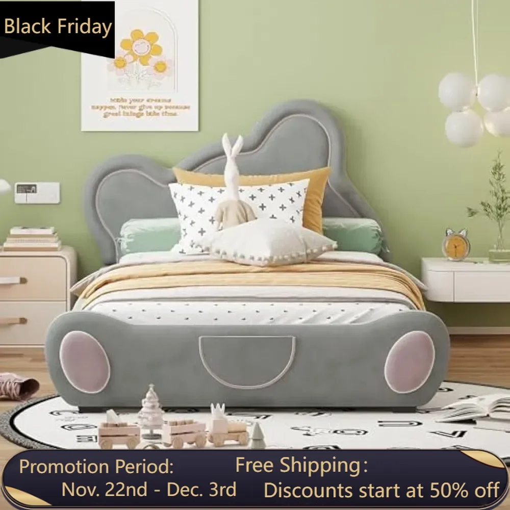 Gray Twin Size Bear Shaped Platform Bed with Storage Pockets, Kid-Friendly Bed with Velvet Upholstery