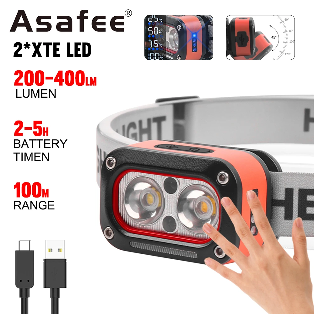 Asafee LED Headlamp Rechargeable Headlight Waterproof Flashlight White Yellow Red Light Induction Switch Lantern 57G Lightweight