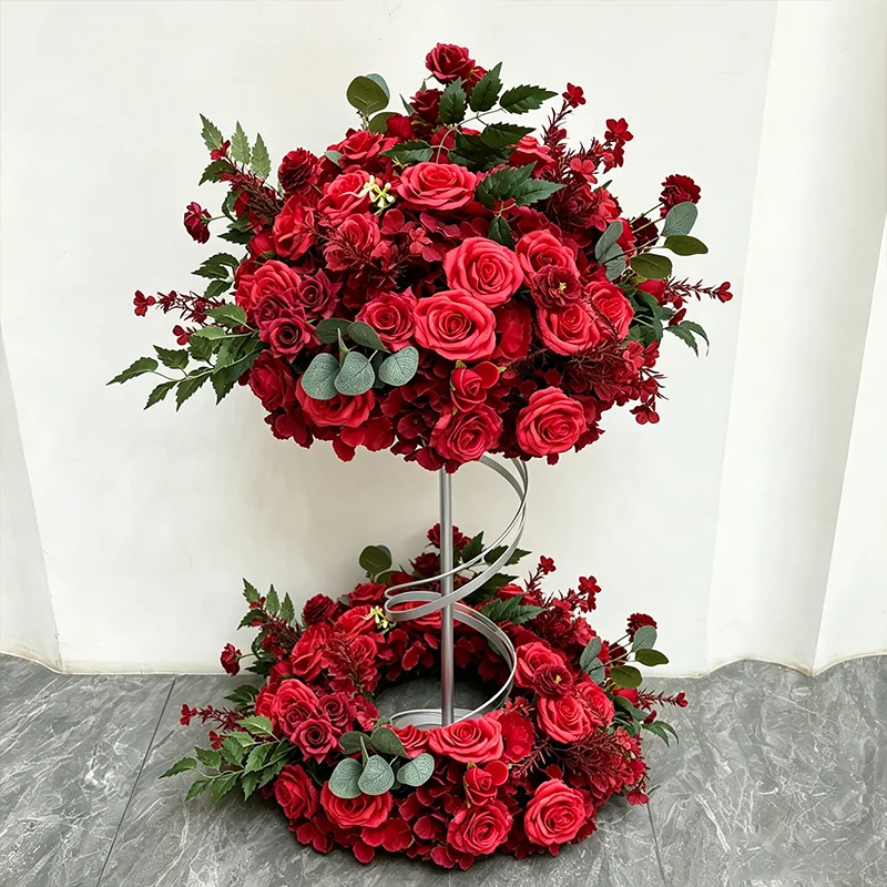 70/60/40/30cm Rote Rosen Grüne Blätter Blumenkugeln für Tischdekorationen Hochzeitstisch Kranz Zubehör Bühnen-Dekoration Blumenrequisiten – Detail 1