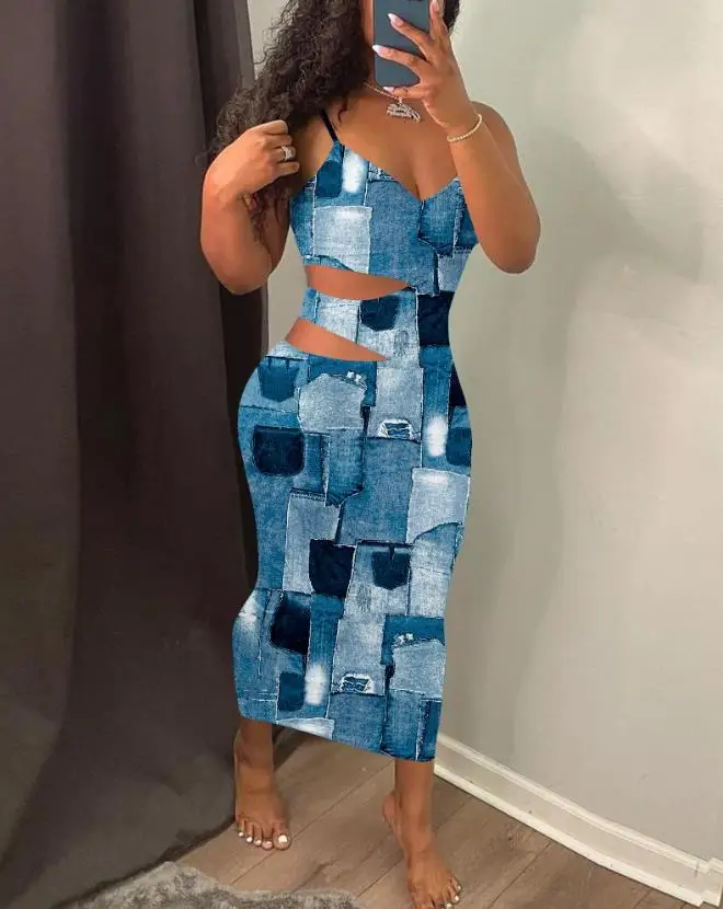 

2024 Summer Sexy V-neck Women's Denim Style Printed Hollow Tight Dress