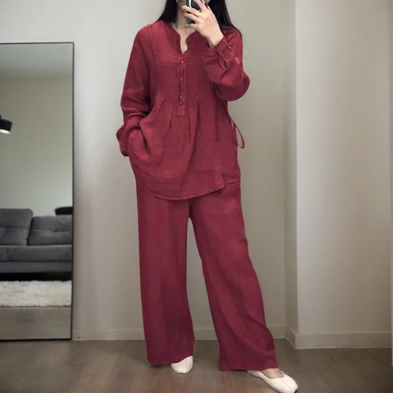 

Elegant Solid Color Two Piece Set High Street Half Breasted Long Sleeved Round Neck Drawstring Shirt High Waist Pocket Pants Set