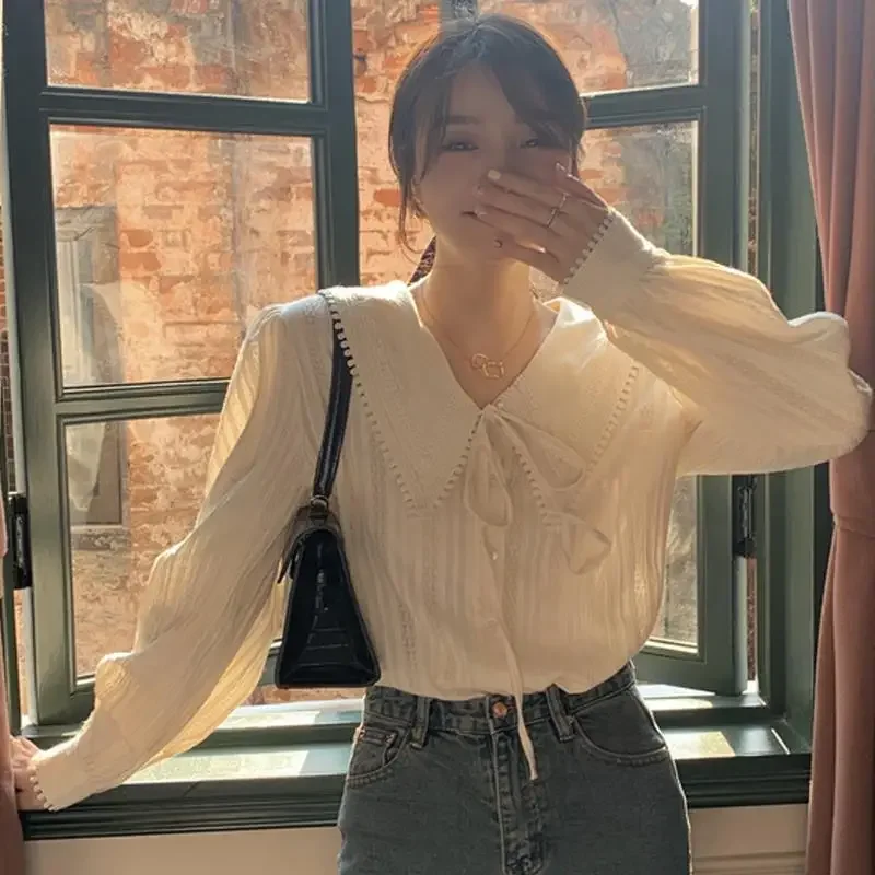 

Женская рубашка с воротником-стойкой, дизайнерская модель для ранней весны, нишевая модель с длинным рукавом, новинка 2025 года, французский шик, топ.