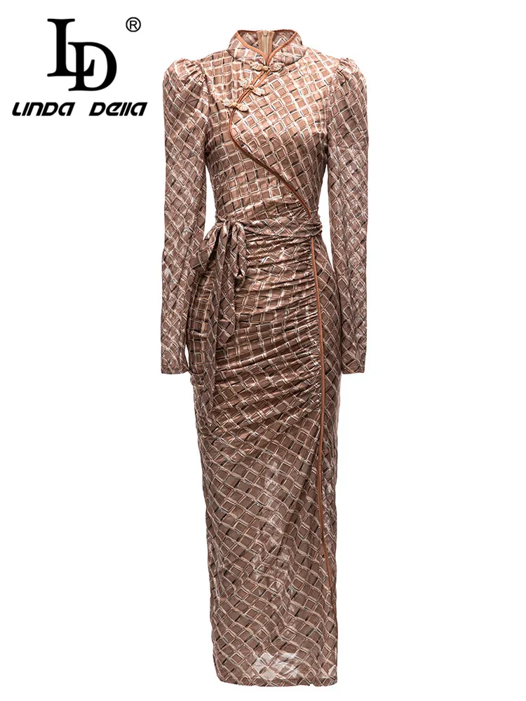 

LD LINDA DELLA 2023 New Style Fashion Designer Dress Women's Long Sleeve High Waist Print Draped Irregularity Slit Elegant Dress