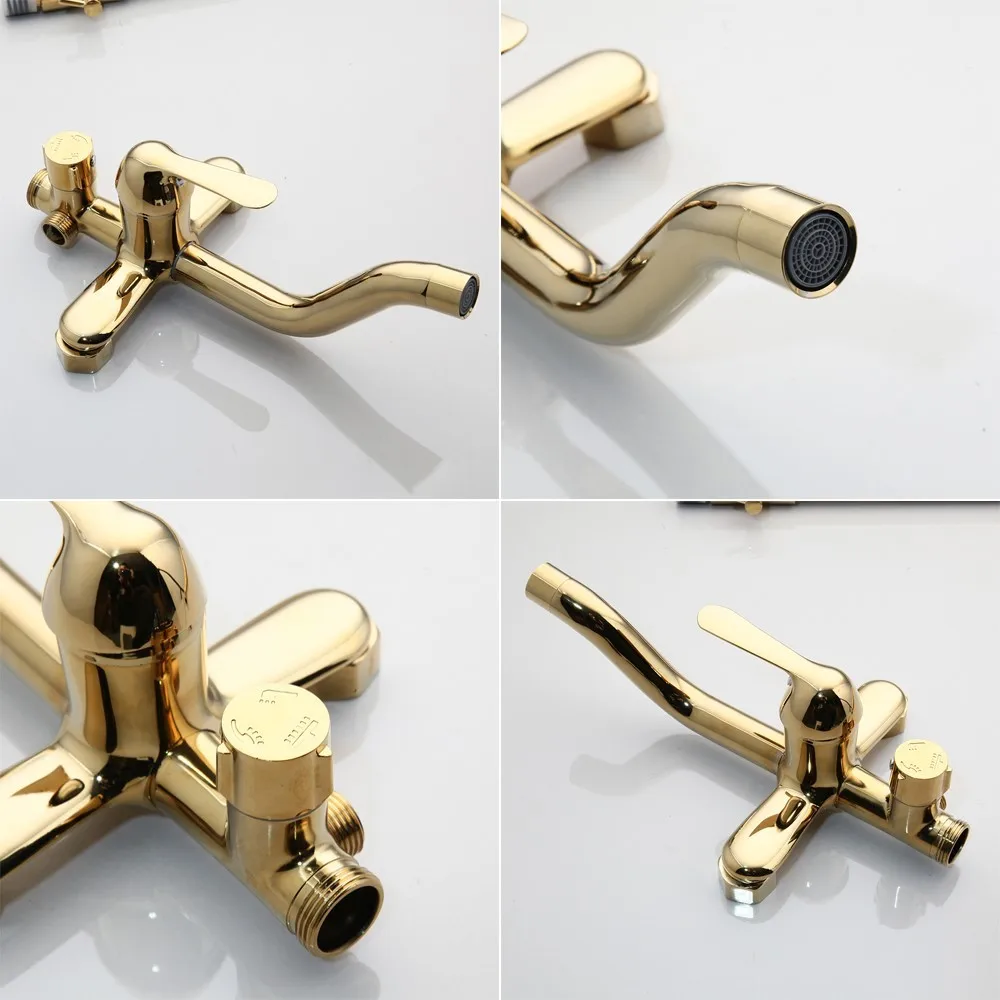 YANKSMART Gold Polished Bathroom Shower System Faucet Set Wall Mounted 3 Functions Rainfall Round Showers Head Mixer Water Tap