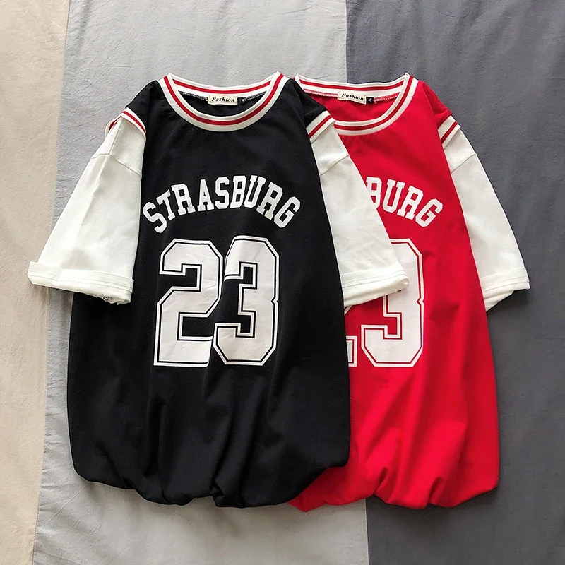 Fake Two-piece Basketball Uniform T-shirt Men 2023 New Summer Hip Hop Short-sleeved Jerseys for Students Streetwear Cotton Tees