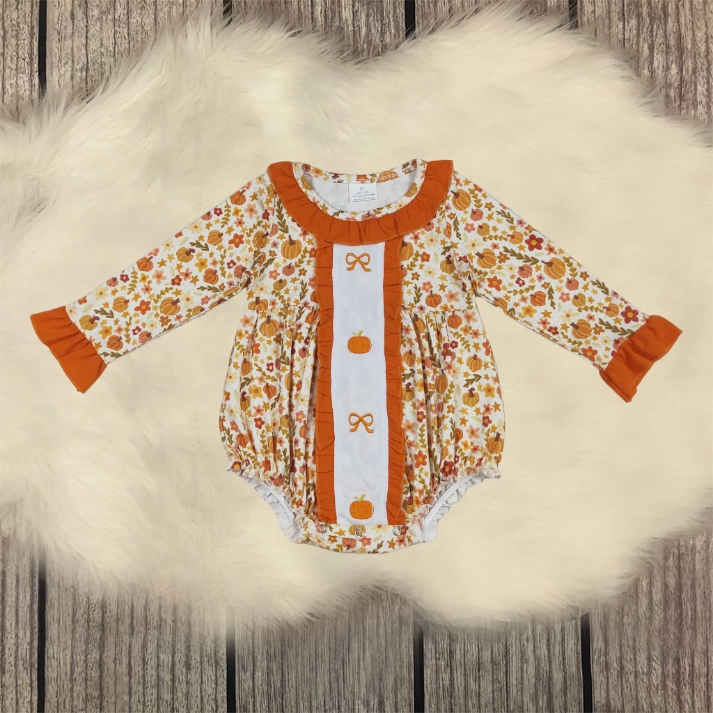 

Toddler Thanksgiving Playsuit Newborn Children Embroidery Pumpkins Bows Floral Romper Baby Girl Orange Ruffle Coverall Bodysuit