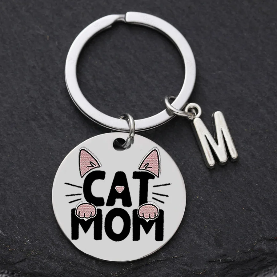 سلسلة مفاتيح من الفولاذ المقاوم للصدأ على شكل قطة أمي - حلقة مفاتيح للسيدات ذات طابع كرتوني مستدير مع مشبك حلقي، مثالية لعيد الأم #3