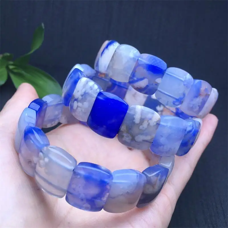 16.5MM Natural Blue Flower Agate Bangle Handcarve Crystal Bracelet Real Fashion Handring Fine Jewellery 1pcs