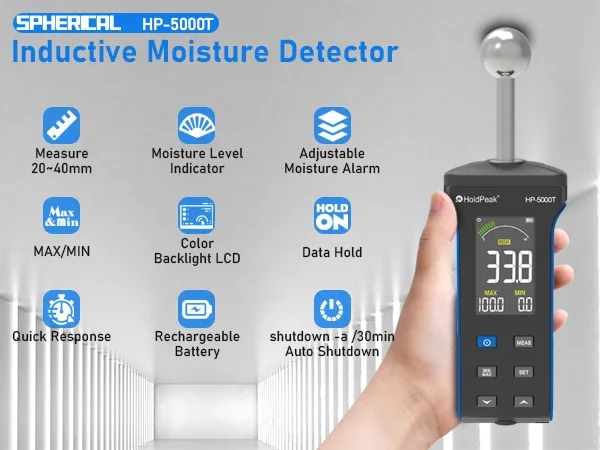 جهاز قياس الرطوبة الرقمي HP-5000T من Hold Peak غير مدمر للخشب الخرساني وغيرها من مواد البناء