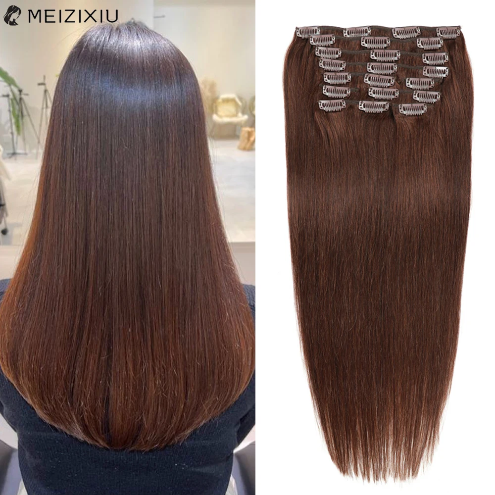 Extensiones de Cabello con Clip para mujer, postizo de doble trama, 100% Remy, color marrón, 16 a 24 pulgadas