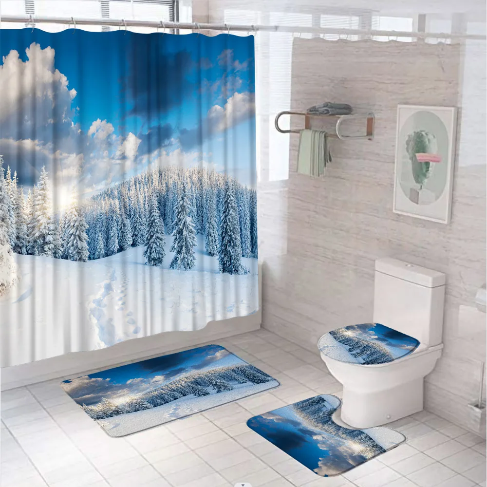 

Winter Scenery Shower Curtain Sets Christmas Wonderland Forest Bokeh Snow Pine Tree Bathroom Curtains Bath Mat Rug Toilet Cover