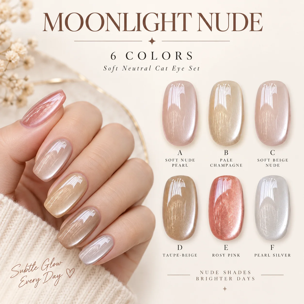 6 Colors Cat Eye Gel Polish Set 8ml Each Silky Magnetic Shimmer Moonlight Nude Or Twilight Prism UV LED Cure