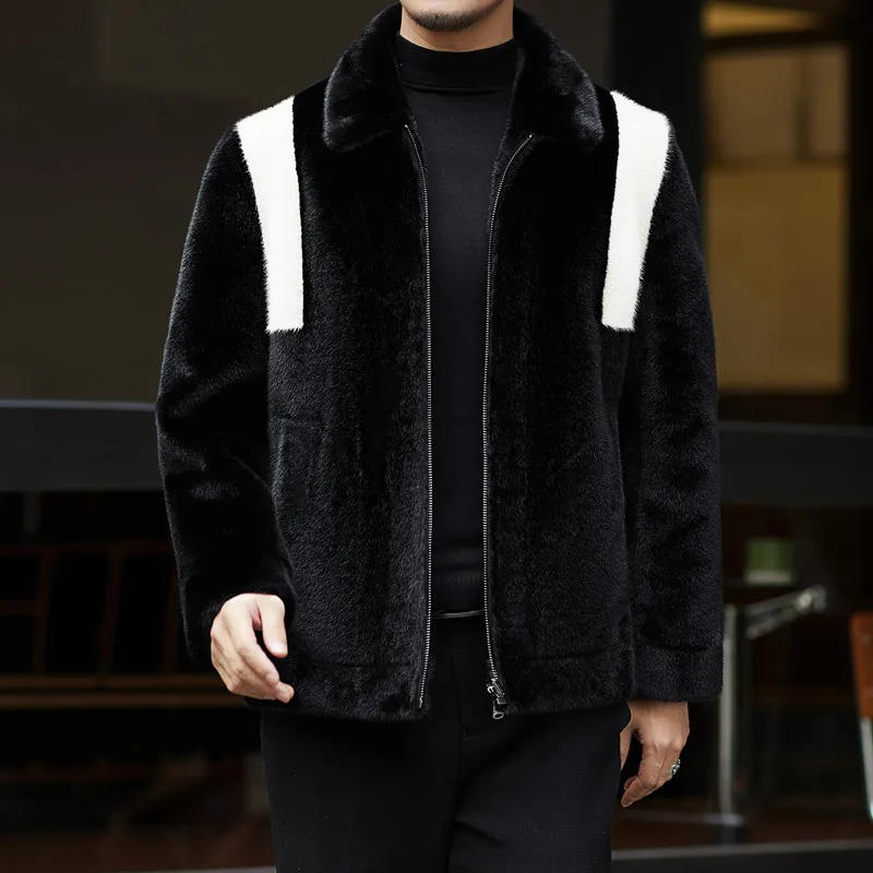 เสื้อแจ็คเก็ตขนเฟอร์เทียมแบบสั้นสำหรับฤดูหนาวใหม่ รุ่นดีลักซ์ สำหรับผู้ชาย ปกพับได้ สีดำ นุ่ม อุ่น เสื้อโค้ทขนเทียม แขนยาว