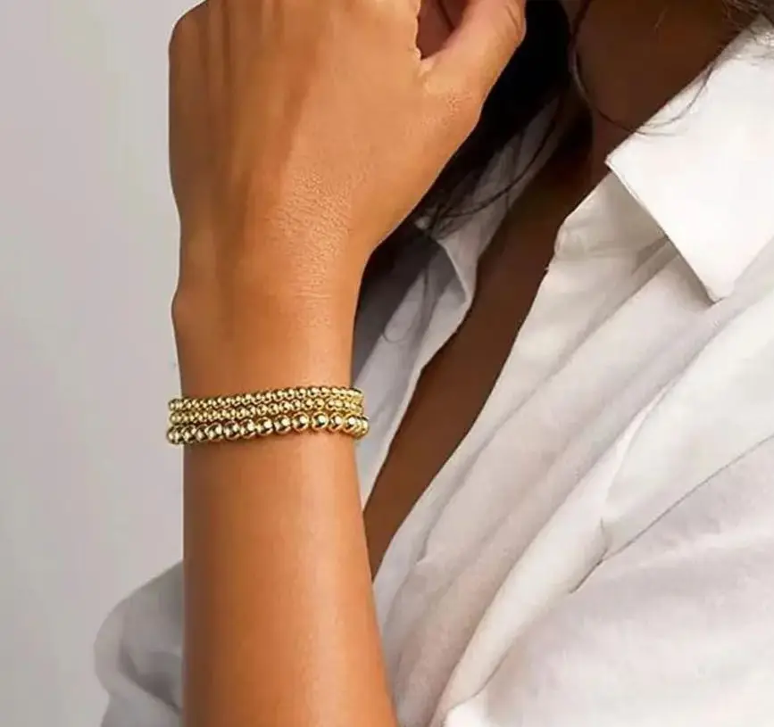 Badu 3pcs/set Gold Color Beads Bracelet for Women 14k Gold Plated Beaded Handmade Stretch Elastic Bracelet Jewelry Gifts