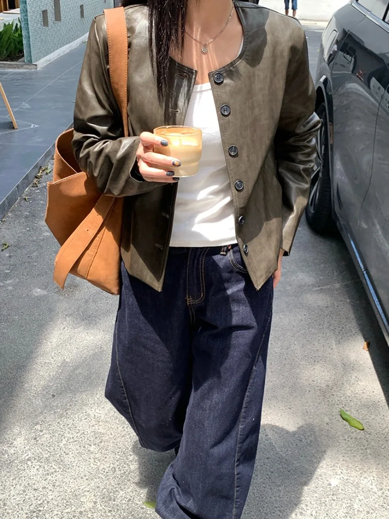 American Retro Single Button PU Leather Jaet Women Early Autumn New Sle Haome Loose Top Faionable Long Sve Coat