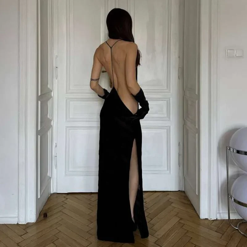 2025 malla transparente Sexy Halter Party Club Maxi vestido dividido trajes mujeres verano sin mangas espalda descubierta ceñido al cuerpo vestidos largos