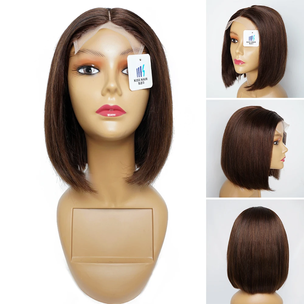 KissHair-curto Bob peruca, Remy indiano cabelo humano, reta extensão do cabelo, Front Lace, cor marrom escuro, #2, 4*4 perucas de renda