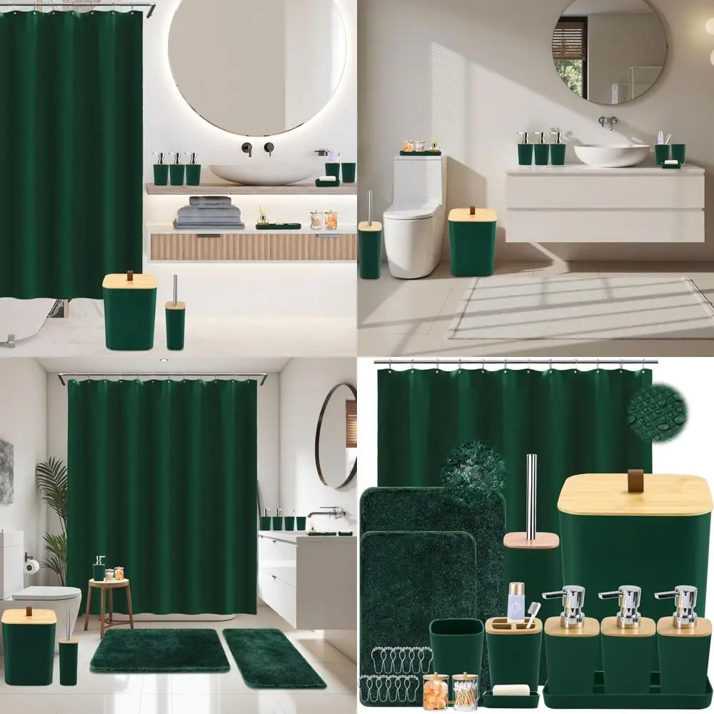 

Complete 27-Piece Dark Green Bathroom Set with Shower Curtain, Mats, and Waste Bin